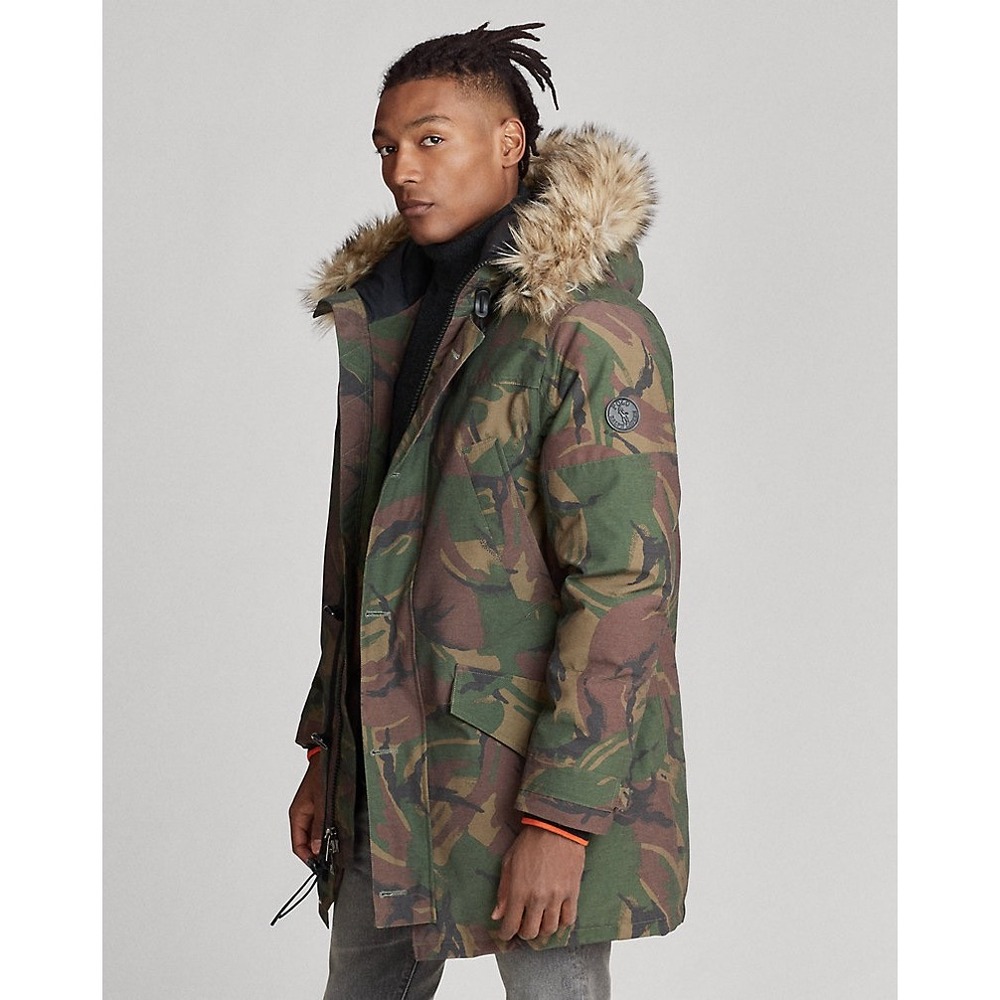 Polo Ralph Lauren Camo Down Parka Mens XL Green Fur Trim expedition Jacket $548